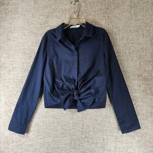 Stelen Knot Front Blouse Long Sleeve Womens S Navy 100% Cotton Button Up *Flaw